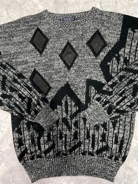 Vintage Barnaby Sweater Geometric Leather Crewneck Dad Cosby Grandpa Gray Mens L